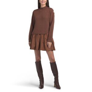 ZOE & CLAIRE Brown Long Sleeve Mixed Media Mini Dress With Button Detail